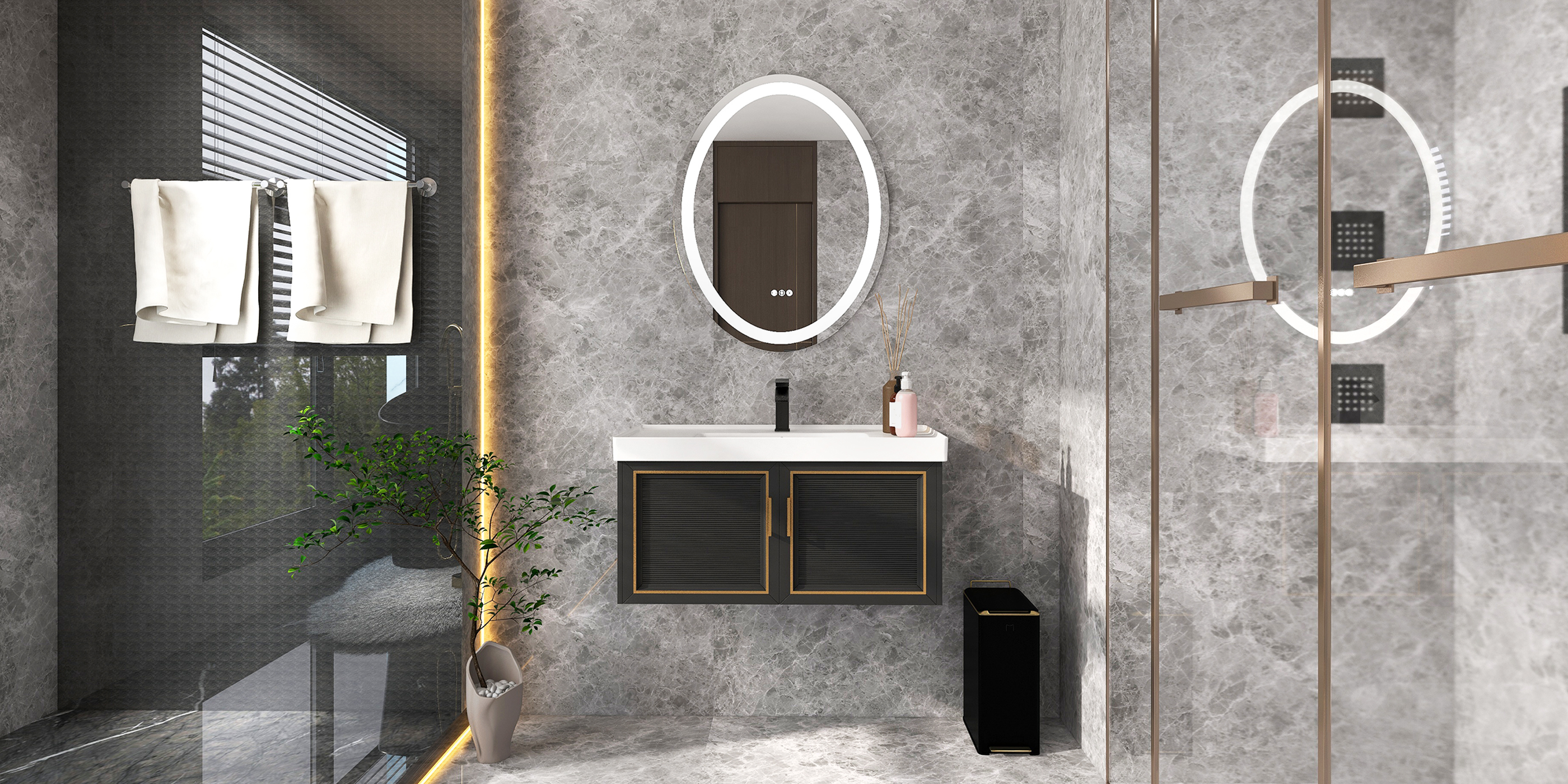 HMR Floating 36" Bathroom Vanity Set Ceramic Sink with Cabinet - Black