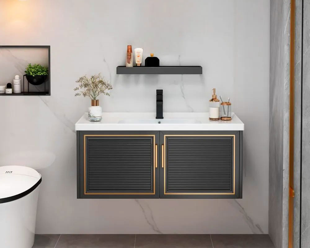 HMR Floating 28" Bathroom Vanity Set Ceramic Sink with Cabinet - Black