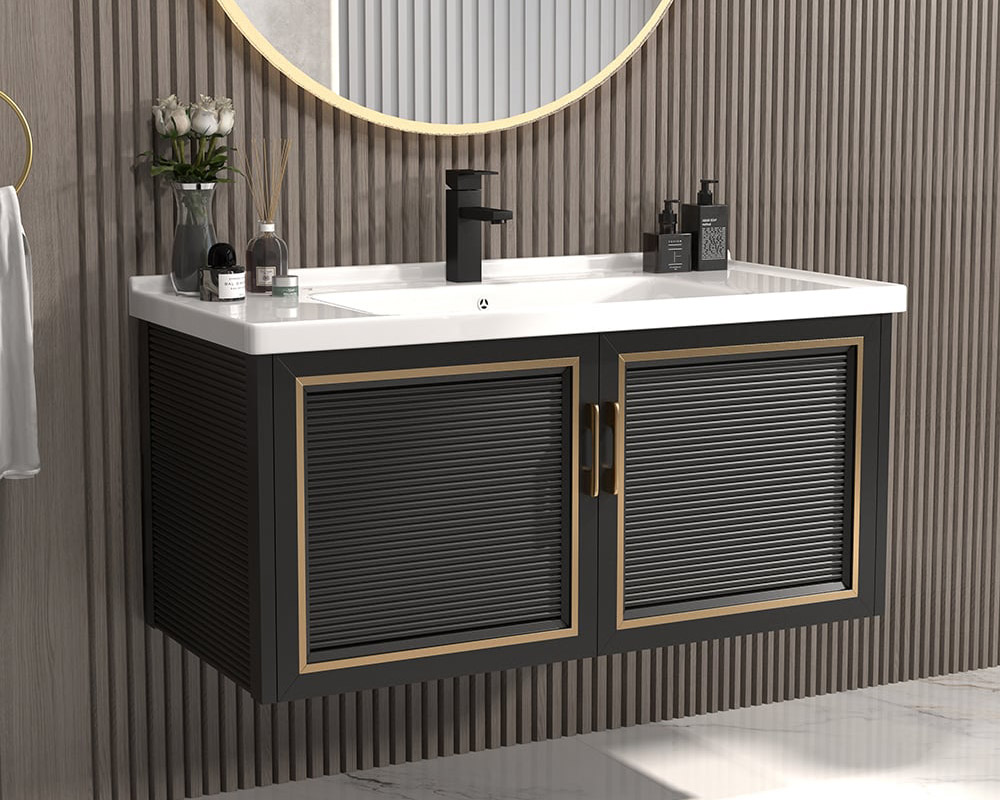 HMR Floating 28" Bathroom Vanity Set Ceramic Sink with Cabinet - Black