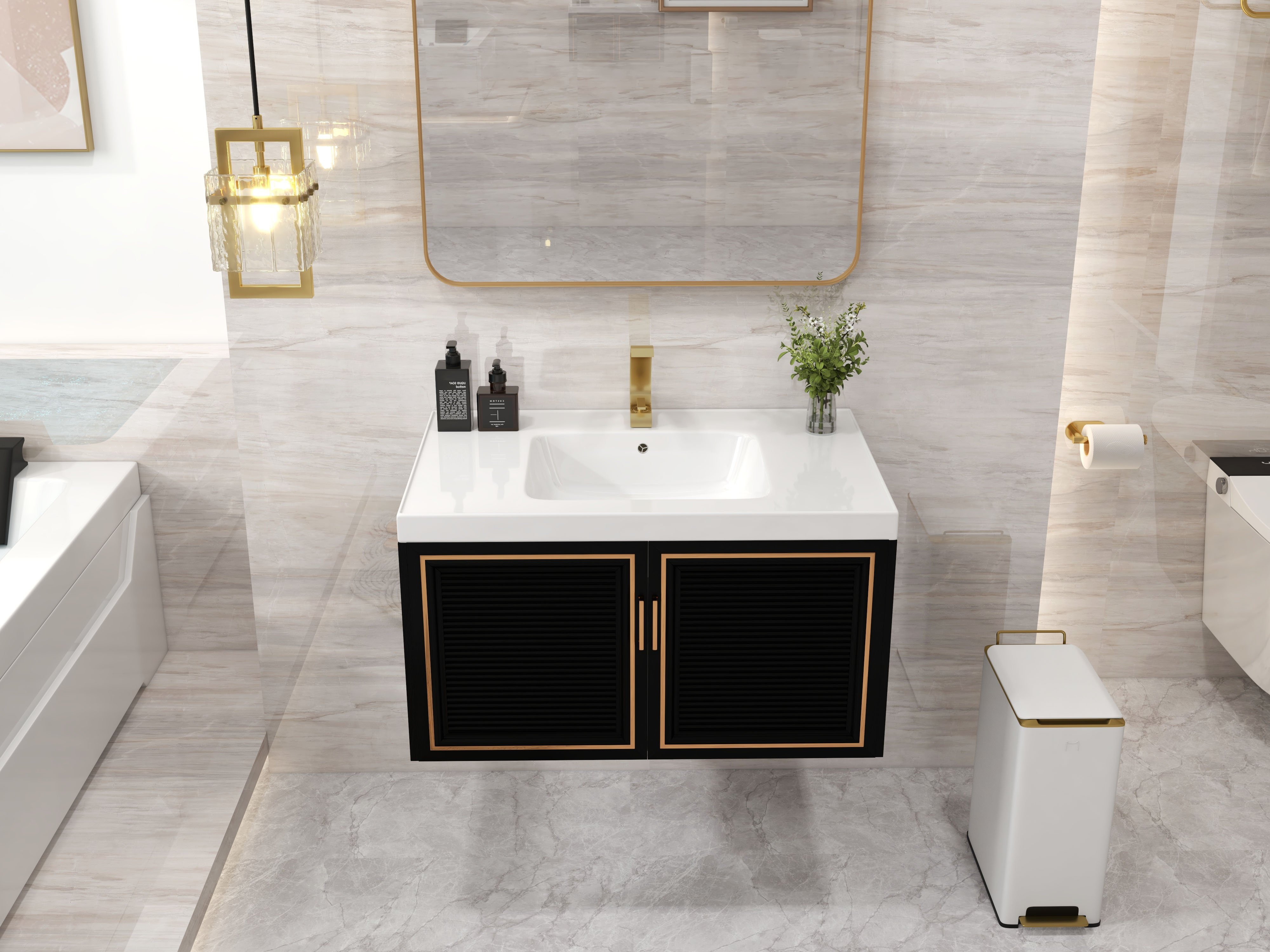 HMR Floating 28" Bathroom Vanity Set Ceramic Sink with Cabinet - Black