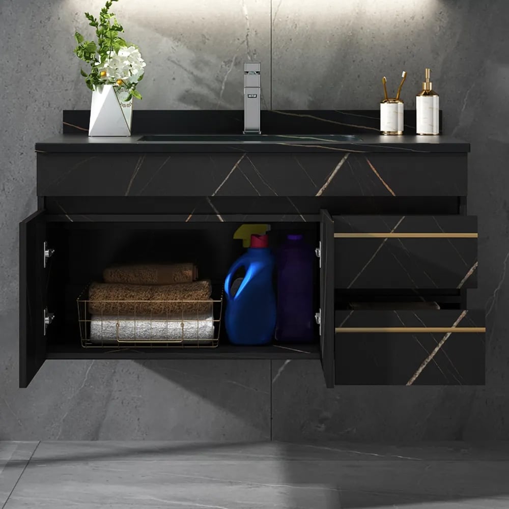 HMR - 35" Faux Marble Floating Bathroom Vanity with Single Ceramic Sink in Black