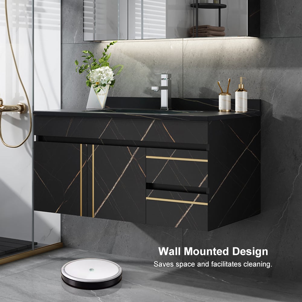 HMR - 35" Faux Marble Floating Bathroom Vanity with Single Ceramic Sink in Black
