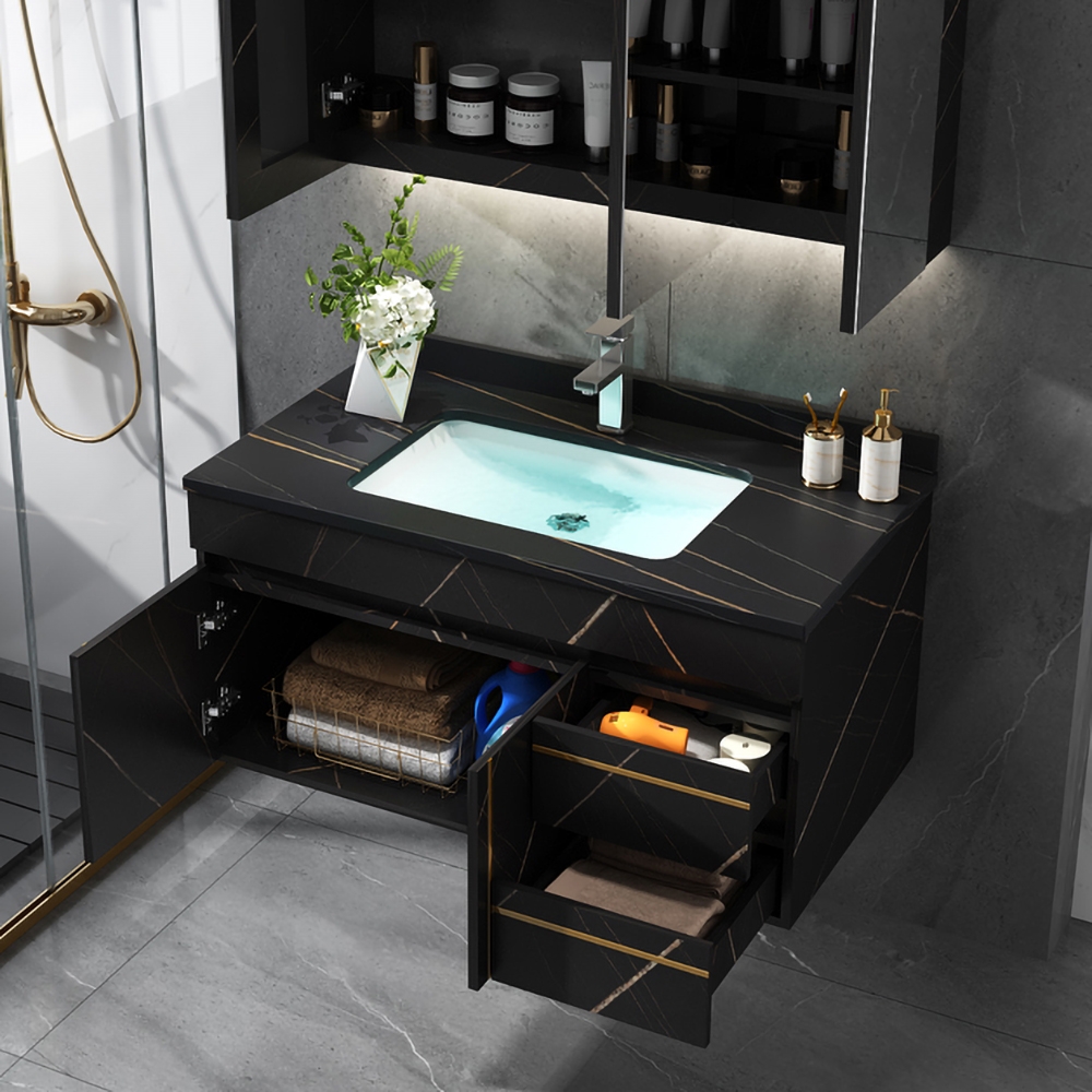 HMR - 35" Faux Marble Floating Bathroom Vanity with Single Ceramic Sink in Black