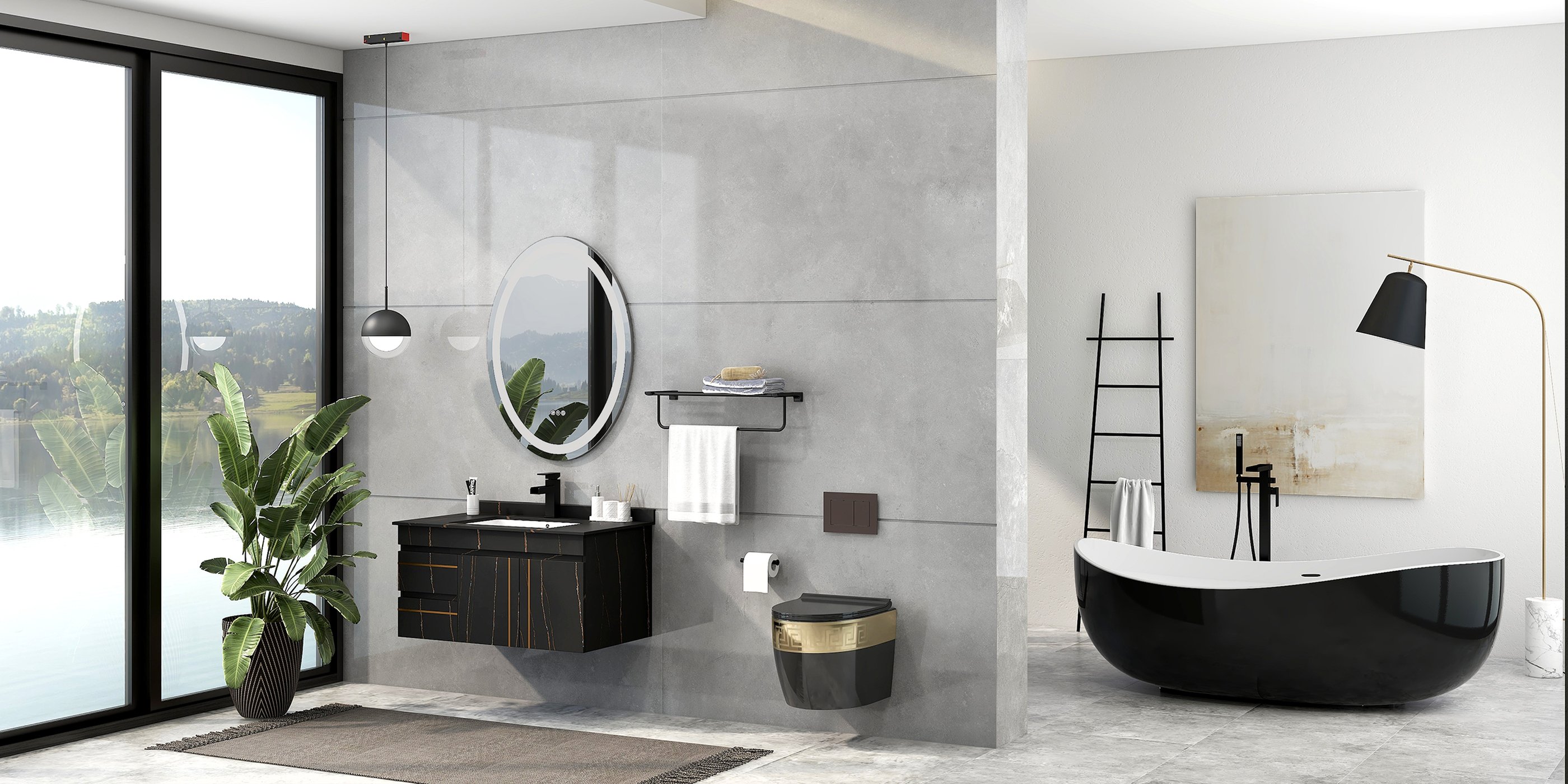 HMR - 35" Faux Marble Floating Bathroom Vanity with Single Ceramic Sink in Black