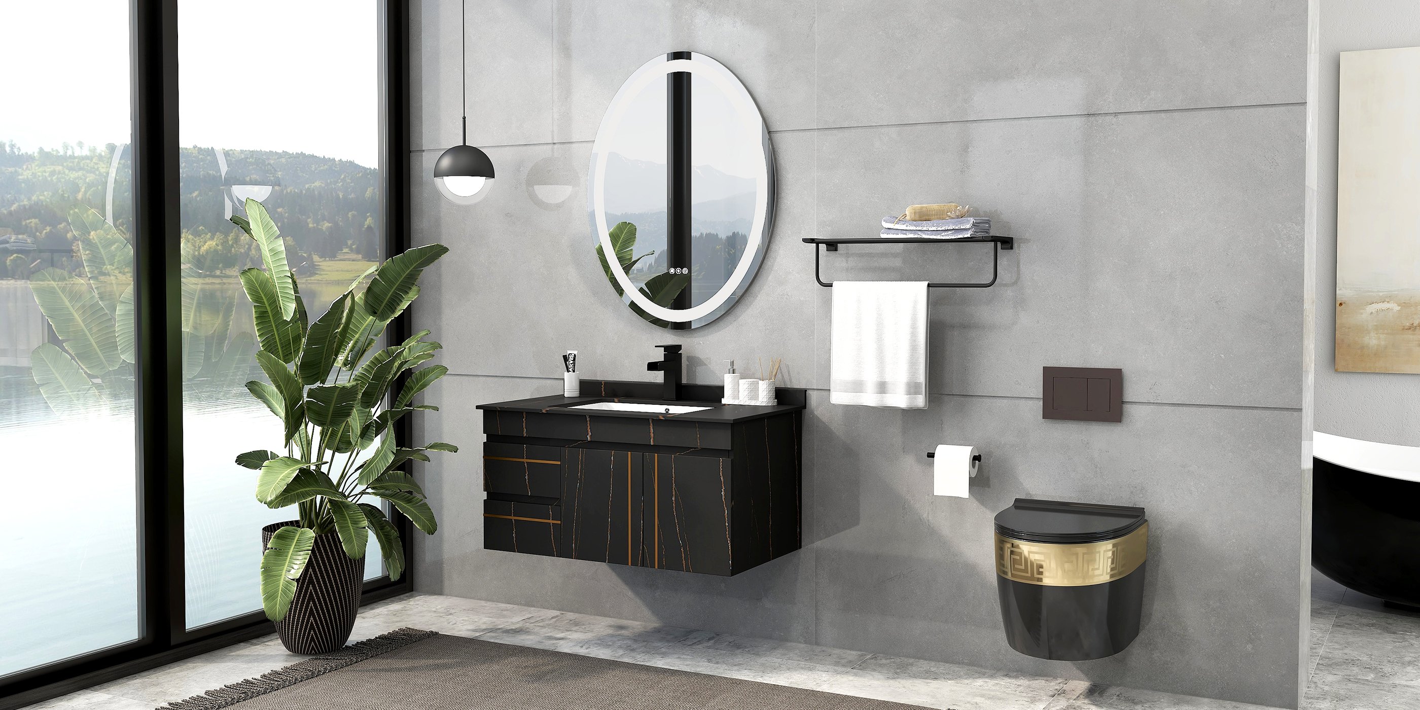 HMR - 35" Faux Marble Floating Bathroom Vanity with Single Ceramic Sink in Black