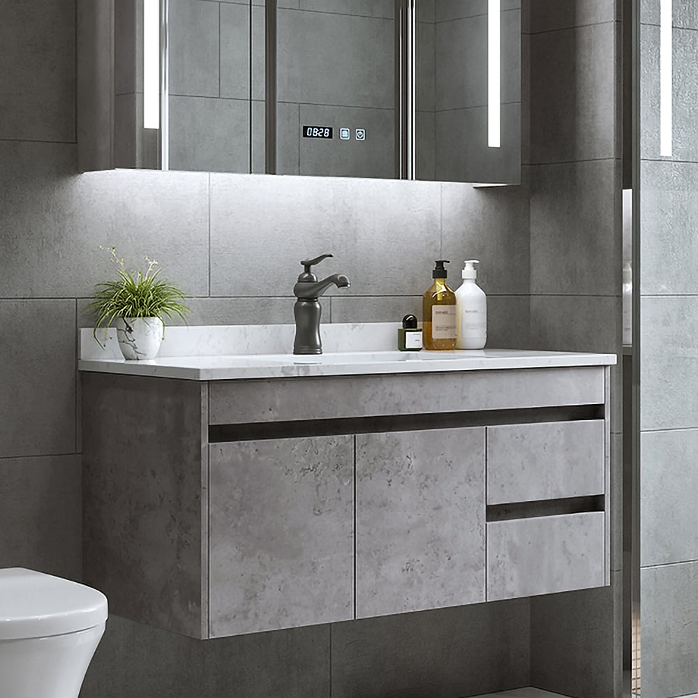 HMR - 36" Floating Bathroom Vanity with Sink Wall Mounted in Faux Marble Vessel