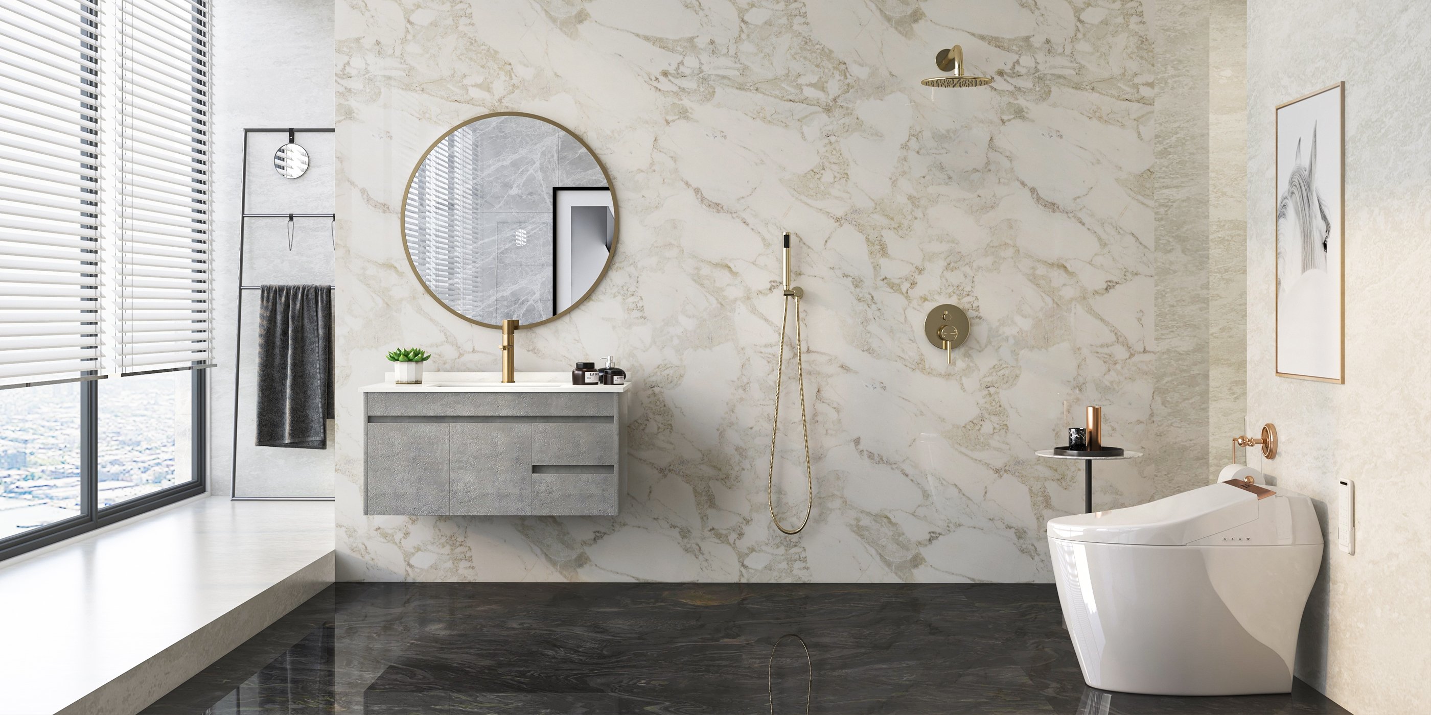 HMR - 36" Floating Bathroom Vanity with Sink Wall Mounted in Faux Marble Vessel