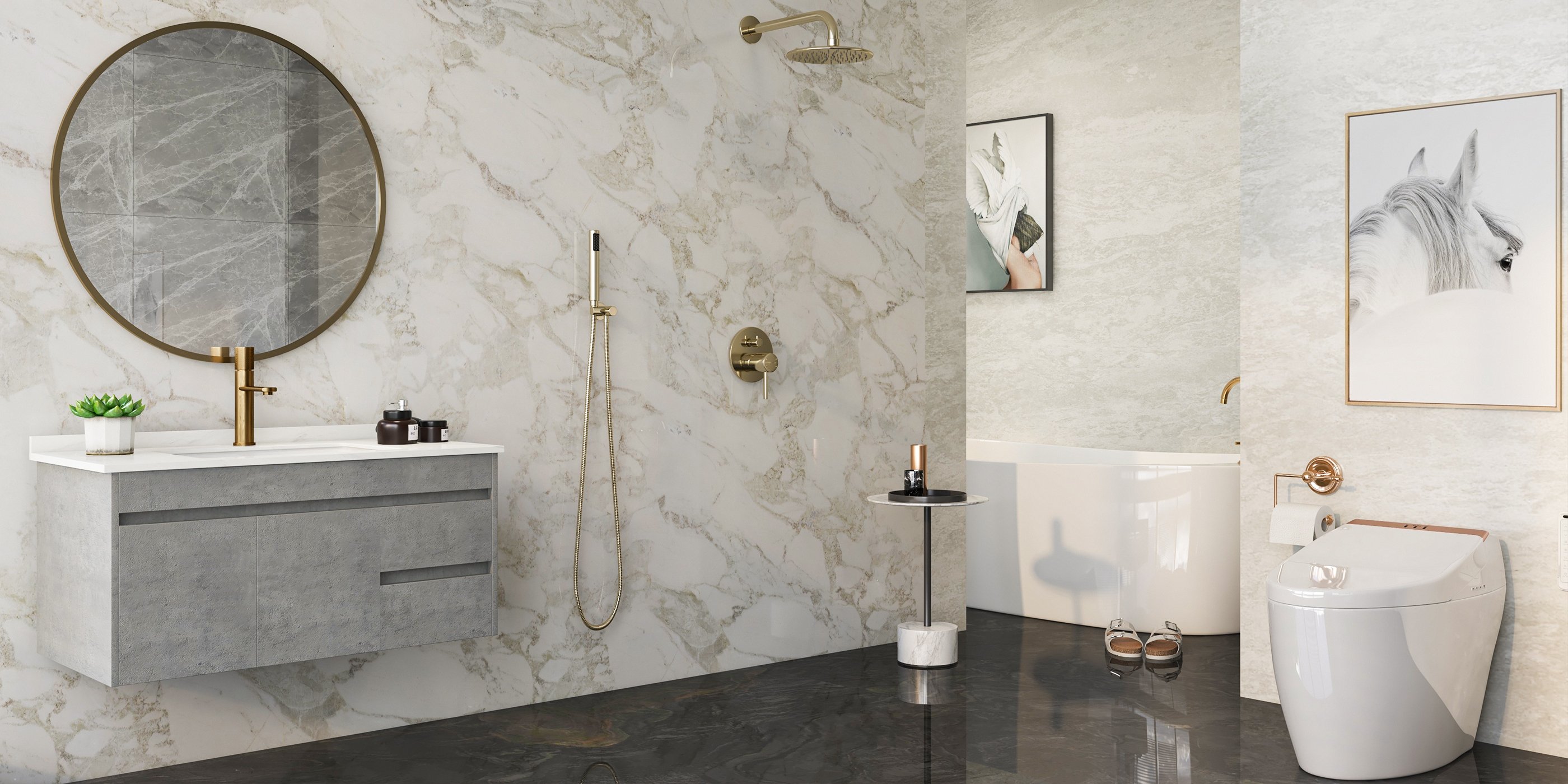 HMR - 36" Floating Bathroom Vanity with Sink Wall Mounted in Faux Marble Vessel