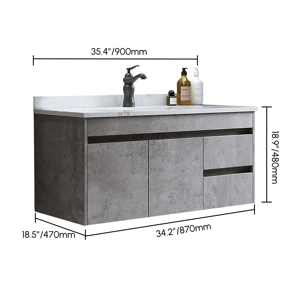 HMR - 36" Floating Bathroom Vanity with Sink Wall Mounted in Faux Marble Vessel