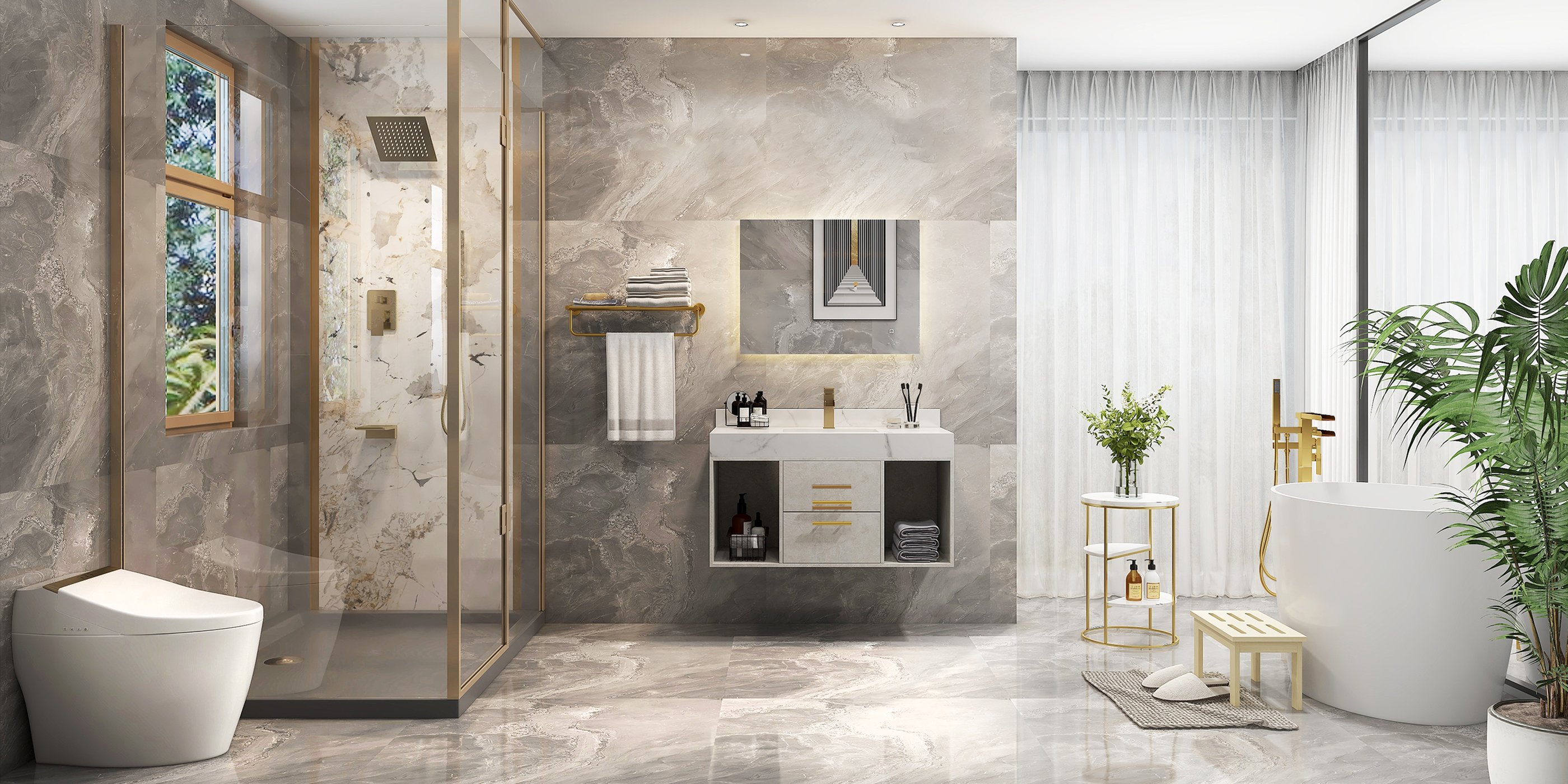 HMR - 40" Floating Bathroom Vanity with Sintered Stone Top in Gray