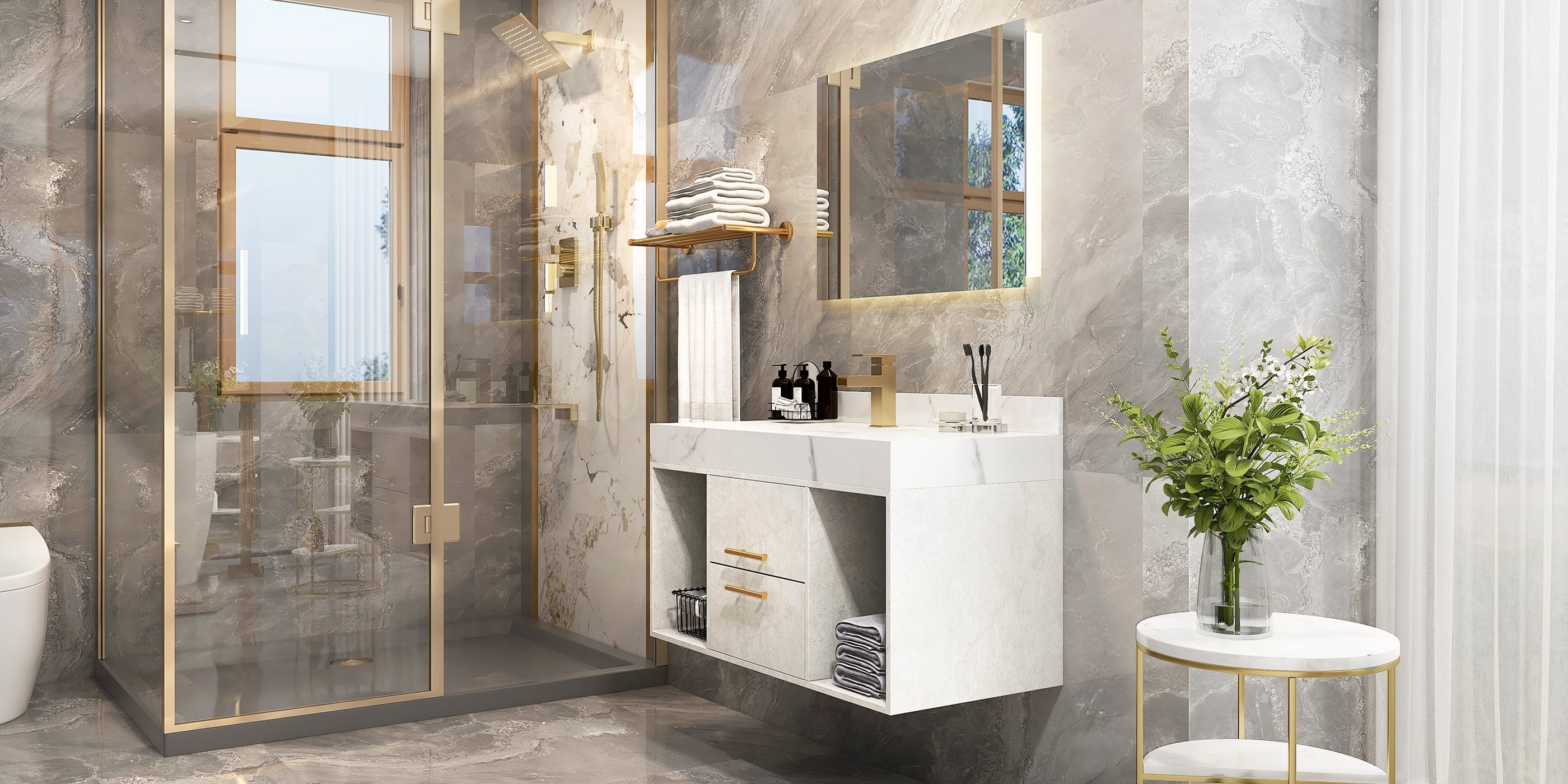 HMR - 40" Floating Bathroom Vanity with Sintered Stone Top in Gray