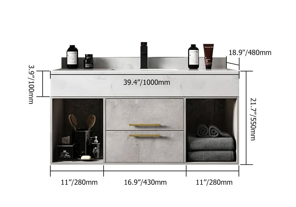 HMR - 40" Floating Bathroom Vanity with Sintered Stone Top in Gray
