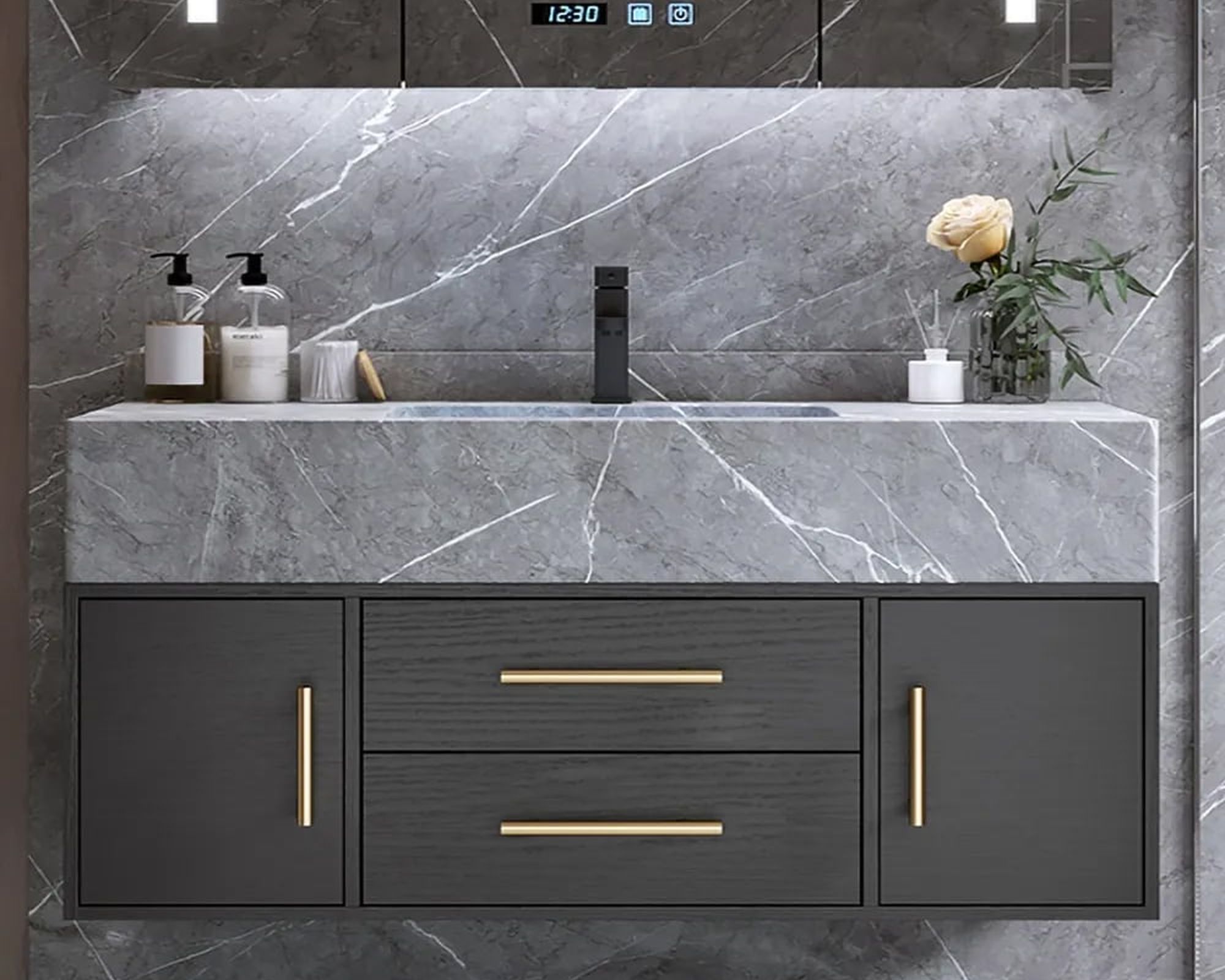 HMR - 39" Modern Floating Stone Top Bathroom Vanity Set with Sink