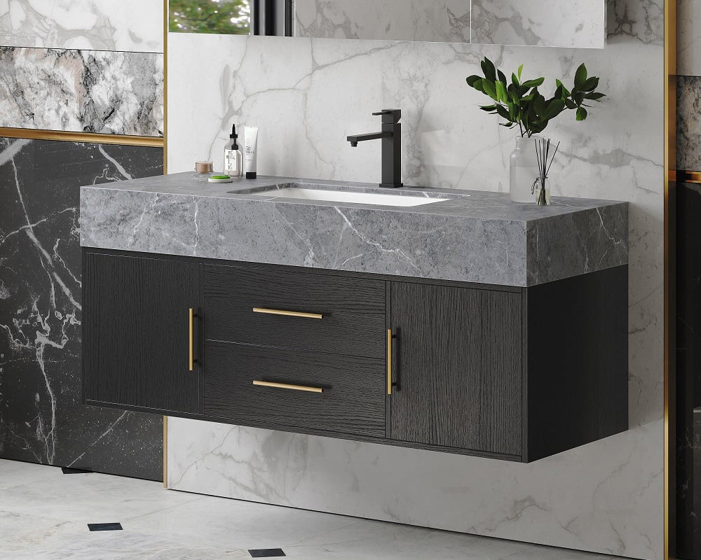 HMR - 39" Modern Floating Stone Top Bathroom Vanity Set with Sink
