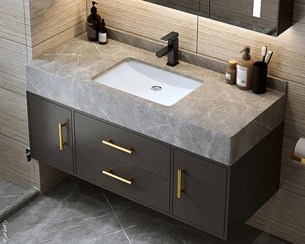 HMR - 39" Modern Floating Stone Top Bathroom Vanity Set with Sink