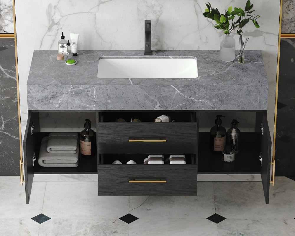 HMR - 39" Modern Floating Stone Top Bathroom Vanity Set with Sink