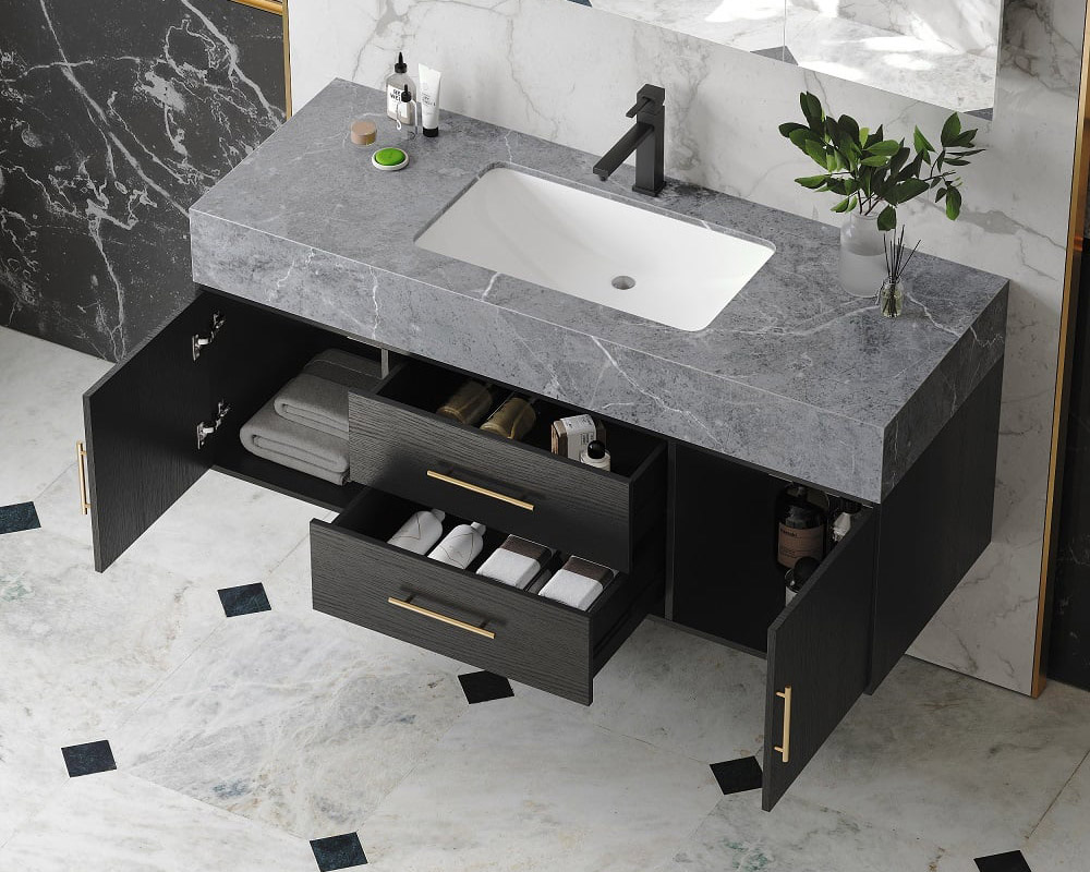 HMR - 39" Modern Floating Stone Top Bathroom Vanity Set with Sink