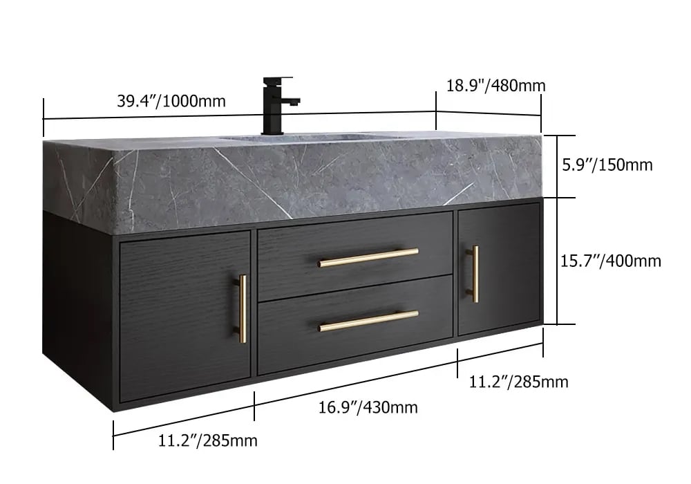 HMR - 39" Modern Floating Stone Top Bathroom Vanity Set with Sink