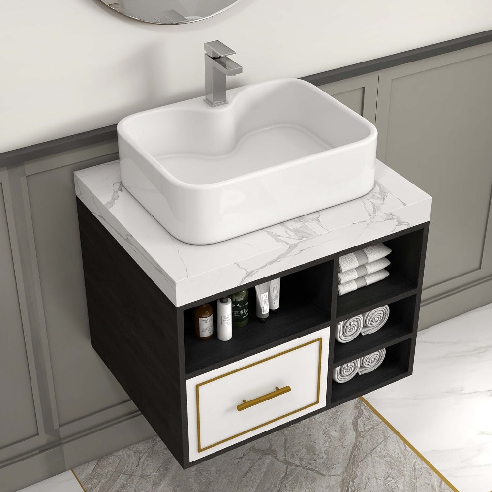 HMR - 23" Floating Bathroom Vanity Ceramic Sink with Drawer in Faux Marble