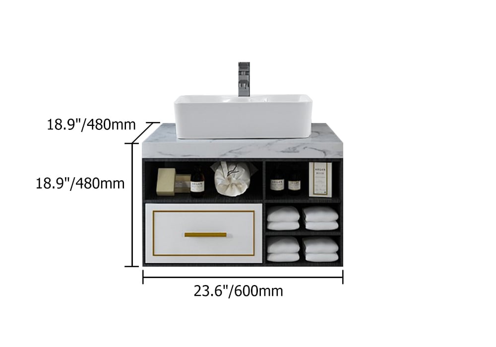 HMR - 23" Floating Bathroom Vanity Ceramic Sink with Drawer in Faux Marble