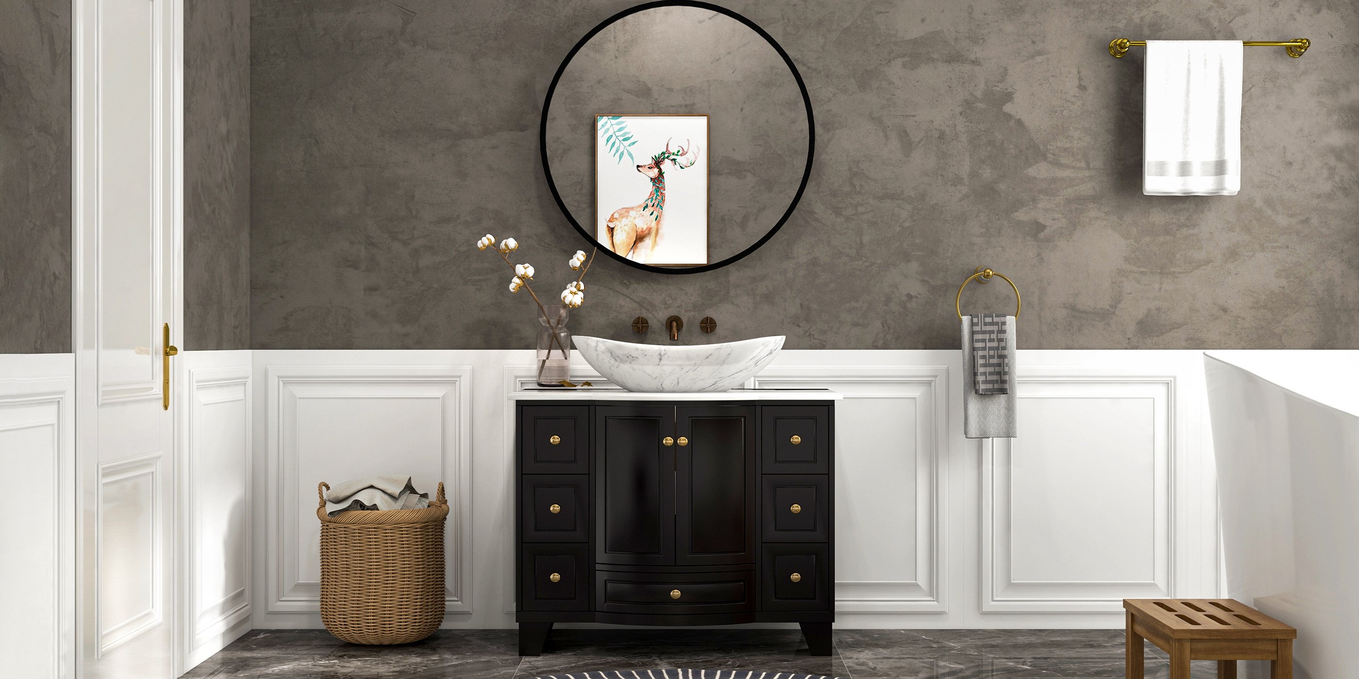 HMR - Charles Modern 24" Wall-Mounted Bathroom Towel Bar in Gold