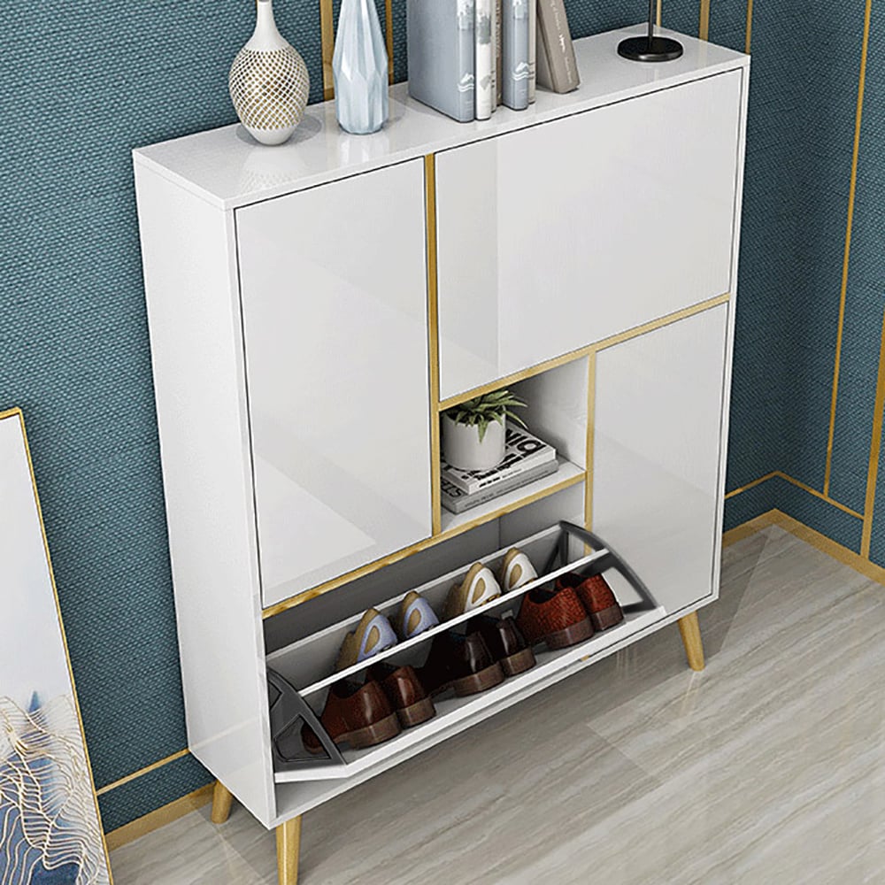 HMR - Modern 17-Pair Shoe Storage Cabinet with 2 Doors and Shelves and Pull-Down Drawers in White