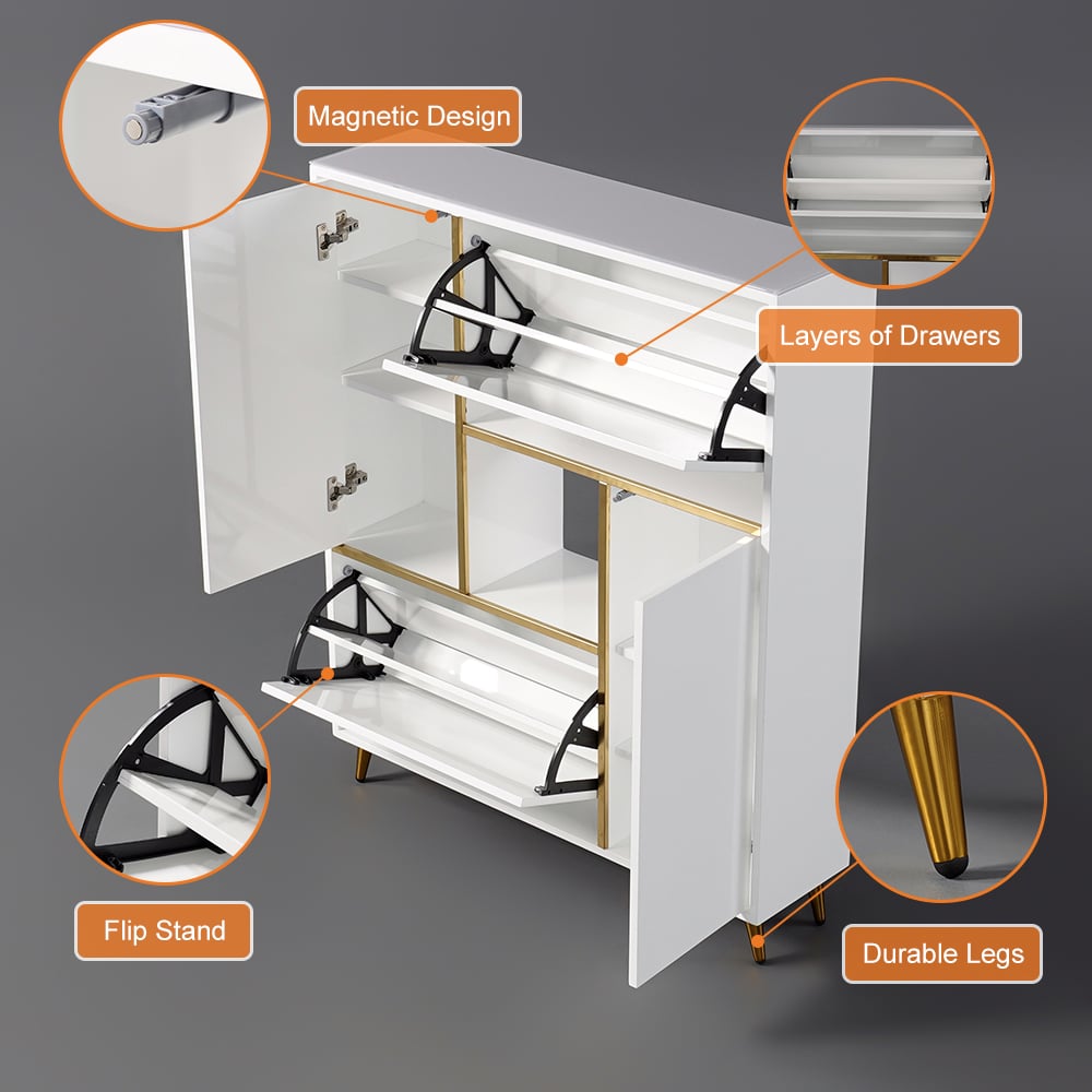 HMR - Modern 17-Pair Shoe Storage Cabinet with 2 Doors and Shelves and Pull-Down Drawers in White