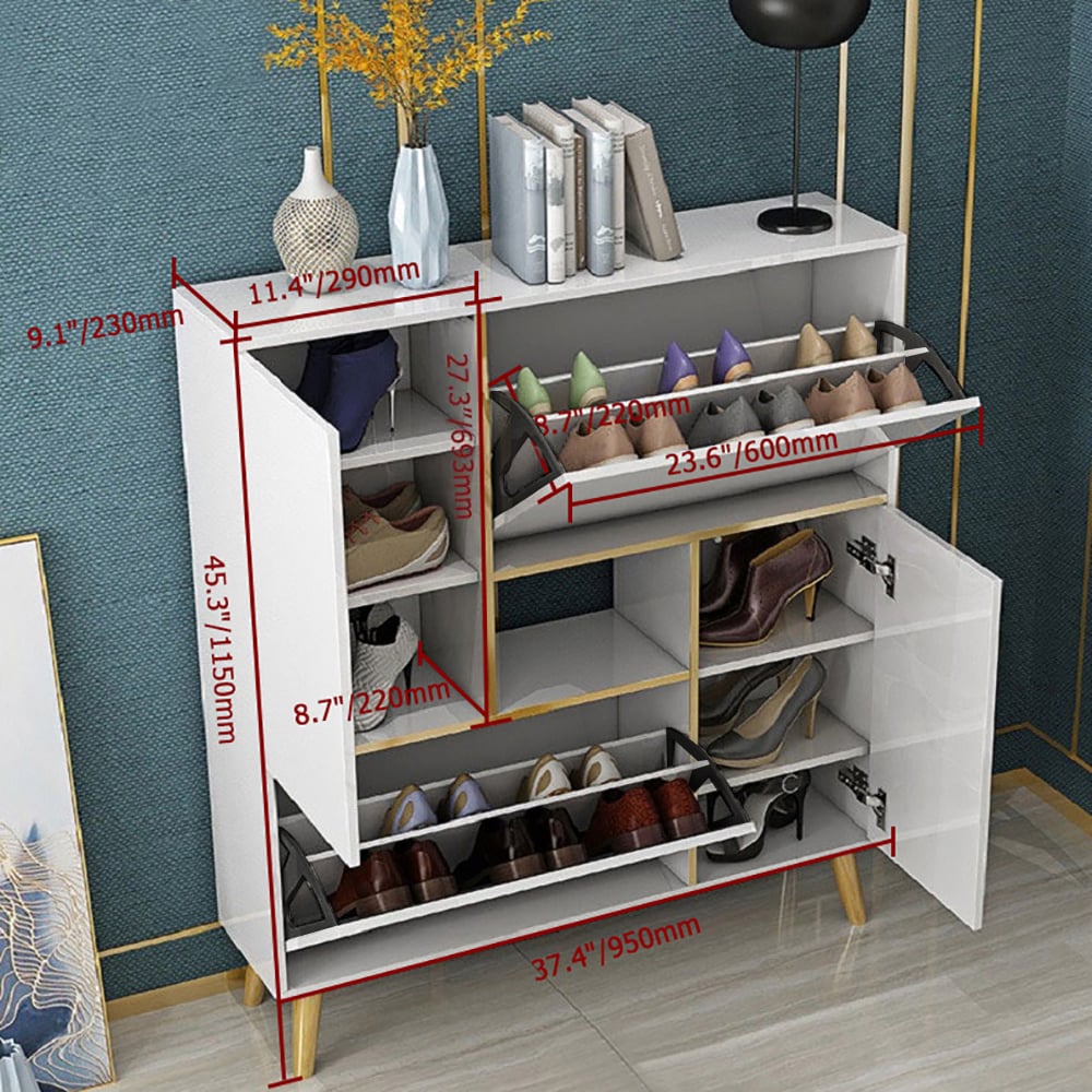 HMR - Modern 17-Pair Shoe Storage Cabinet with 2 Doors and Shelves and Pull-Down Drawers in White
