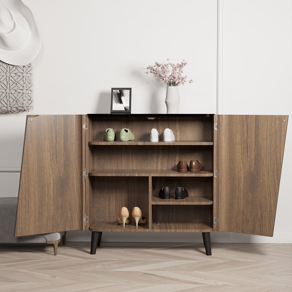 HMR - Entryway Shoe Storage Cabinet with 2 Doors and 5 Shelves (for 14 Pairs) in Walnut