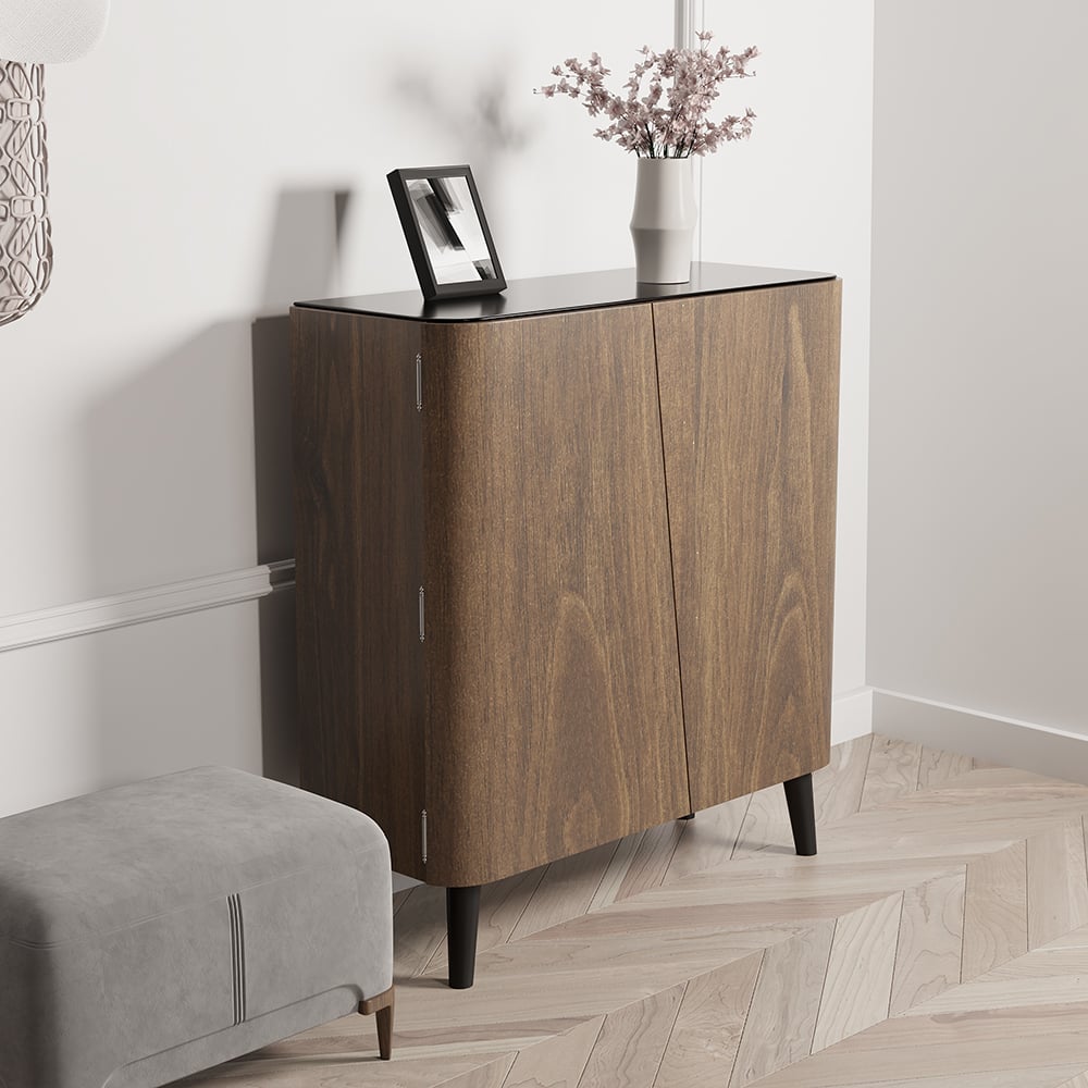 HMR - Entryway Shoe Storage Cabinet with 2 Doors and 5 Shelves (for 14 Pairs) in Walnut