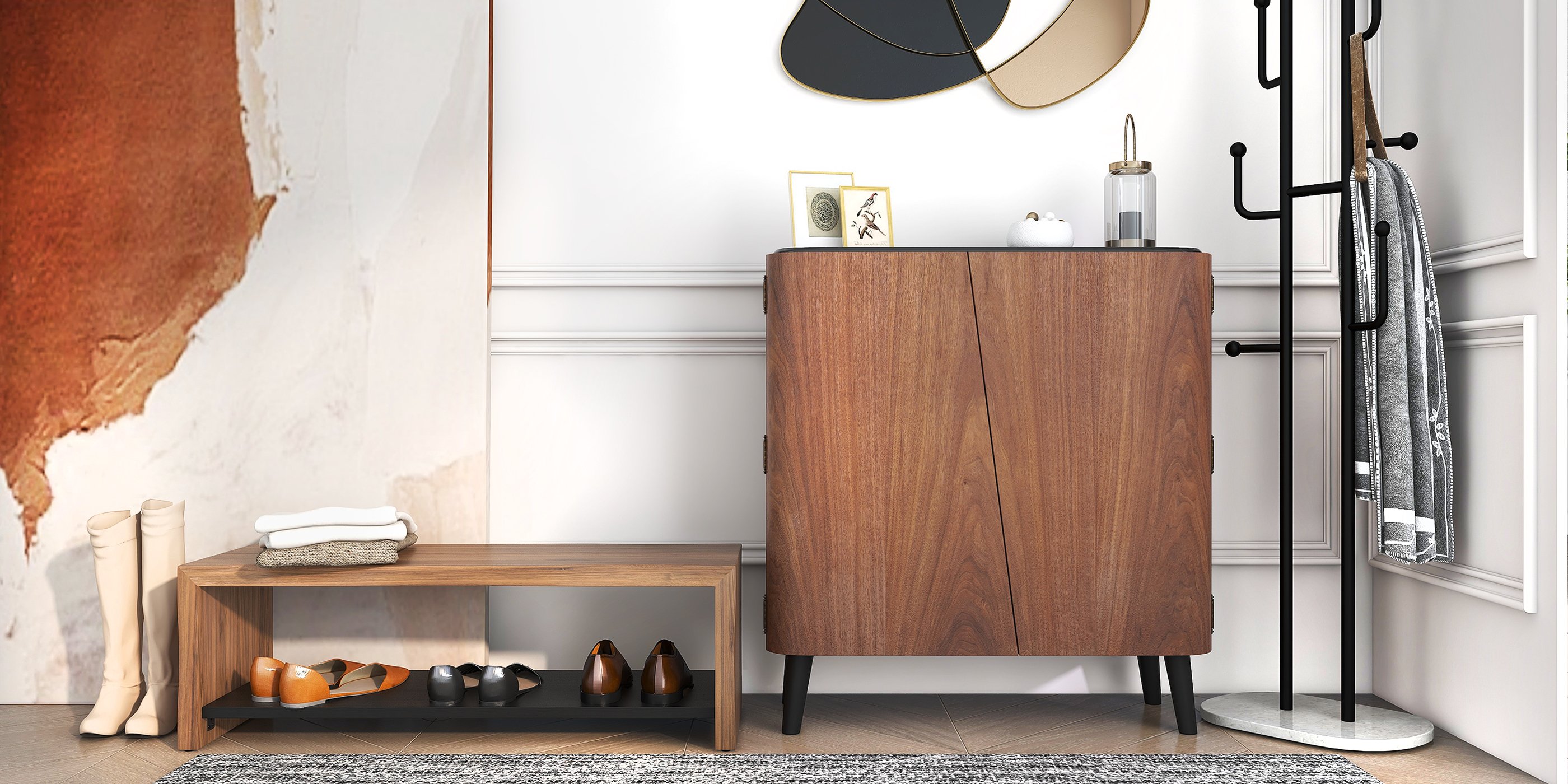 HMR - Entryway Shoe Storage Cabinet with 2 Doors and 5 Shelves (for 14 Pairs) in Walnut