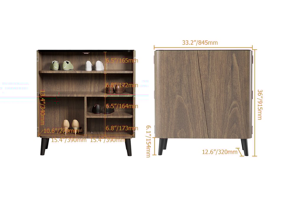 HMR - Entryway Shoe Storage Cabinet with 2 Doors and 5 Shelves (for 14 Pairs) in Walnut