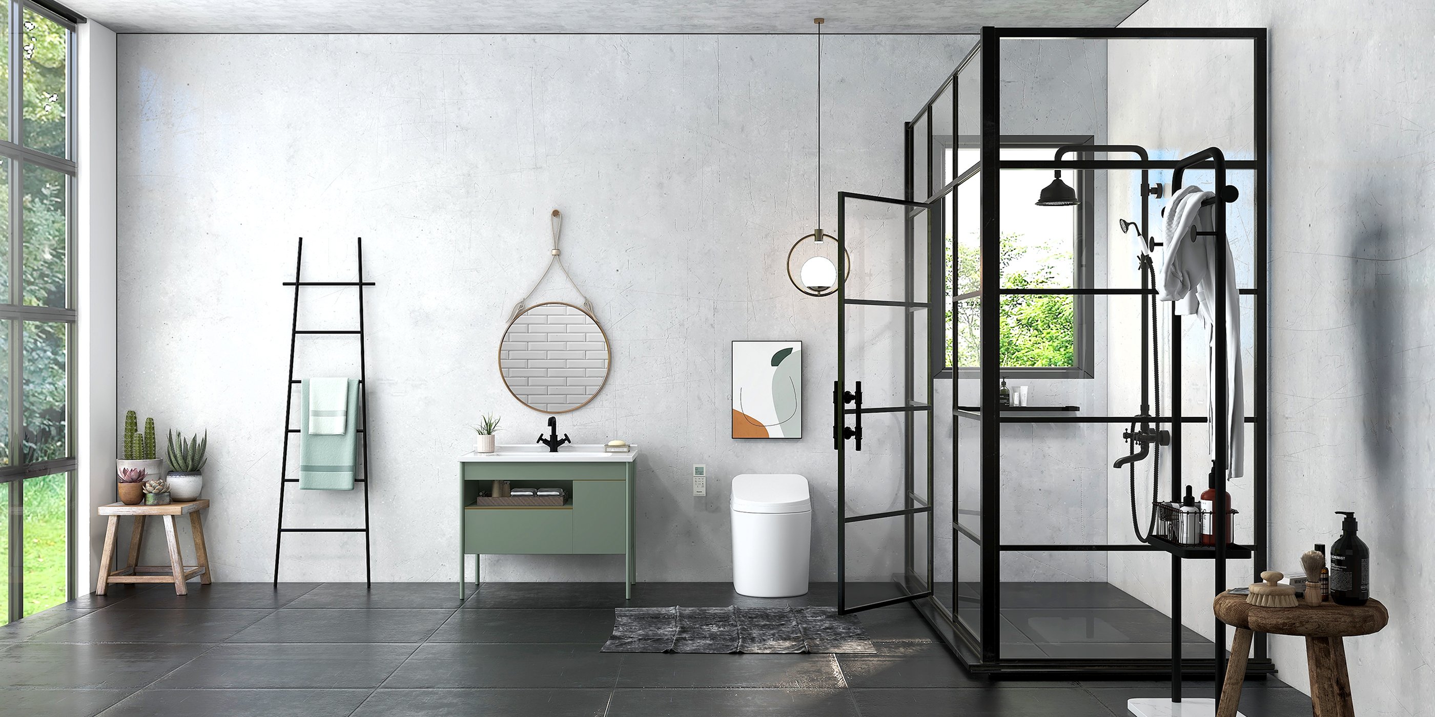 HMR Modern Freestanding Bath Ladder Storage Towel Rack - Black