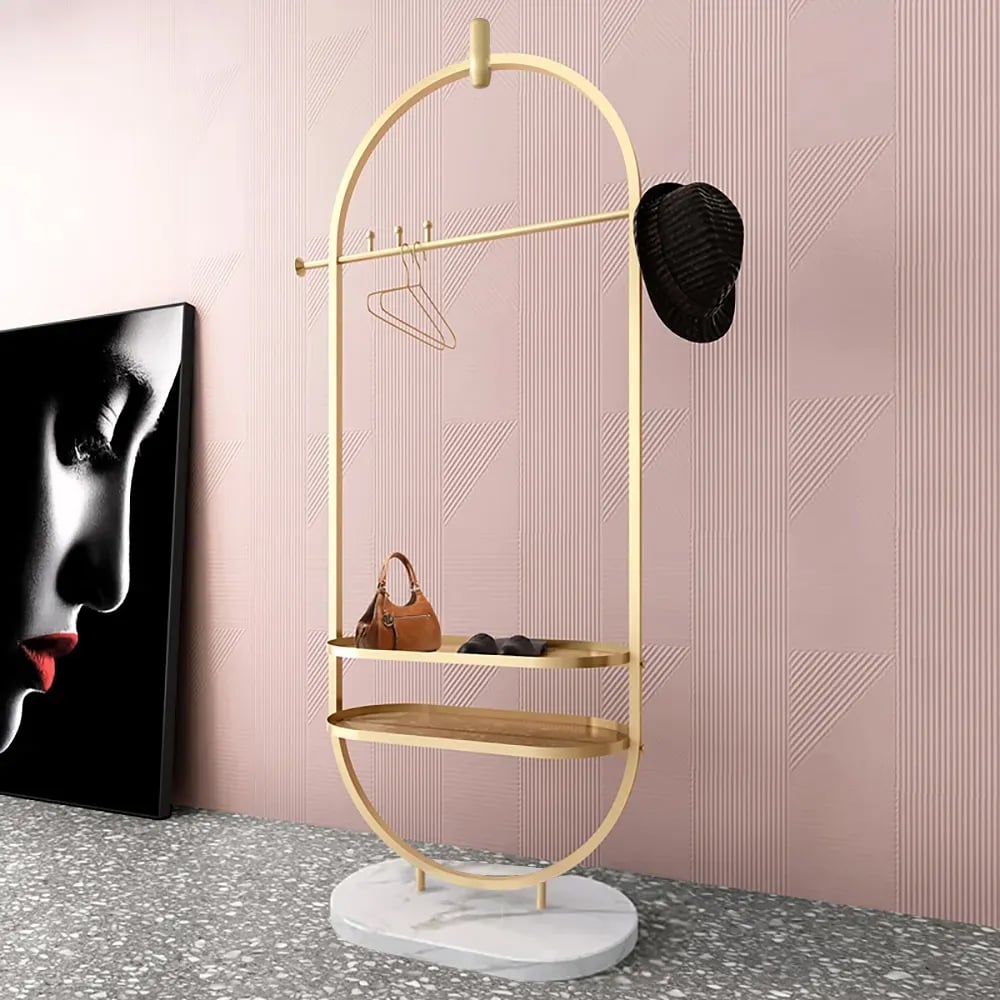 HMR - Oval Garment Rack with 2-Tier Shelves and Faux Marble Base in Gold