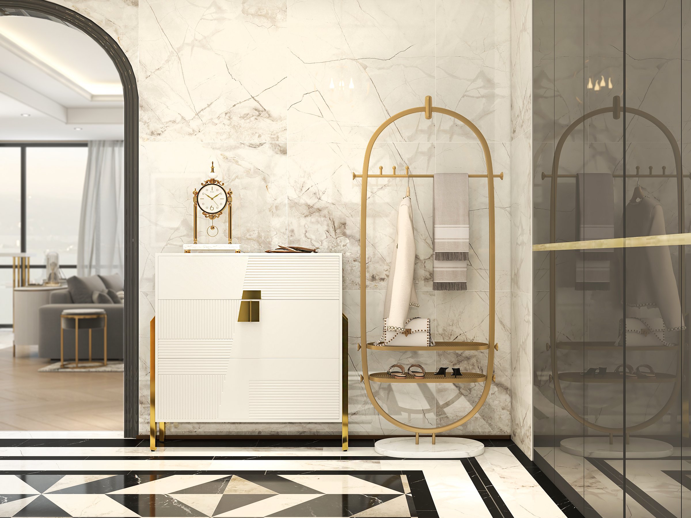 HMR - Oval Garment Rack with 2-Tier Shelves and Faux Marble Base in Gold