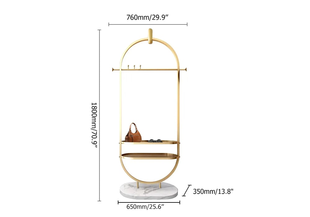 HMR - Oval Garment Rack with 2-Tier Shelves and Faux Marble Base in Gold