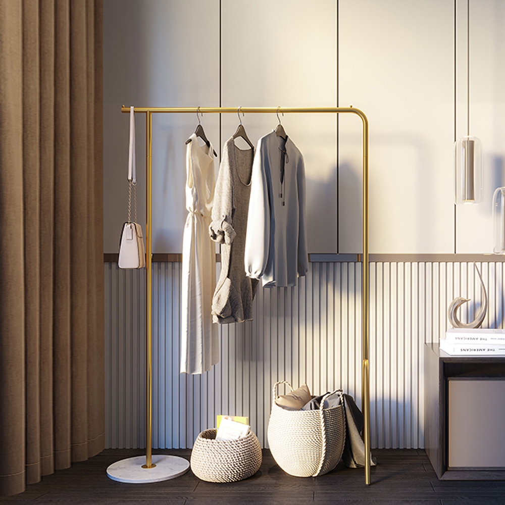HMR - Modern Single Rod Garment Rack with Marble Base in Gold