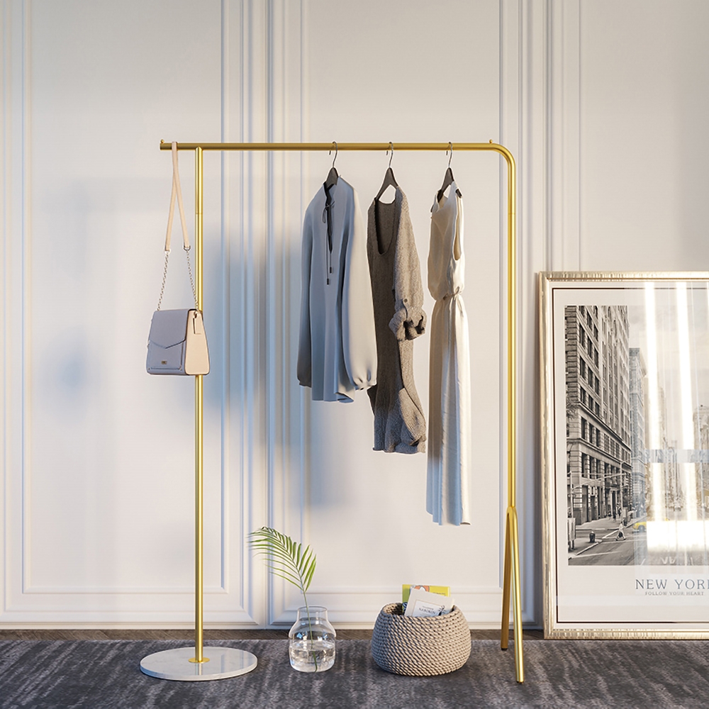 HMR - Modern Single Rod Garment Rack with Marble Base in Gold