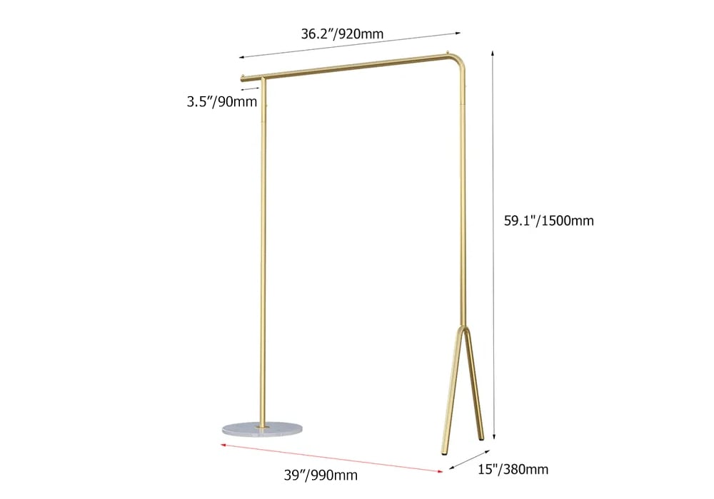 HMR - Modern Single Rod Garment Rack with Marble Base in Gold