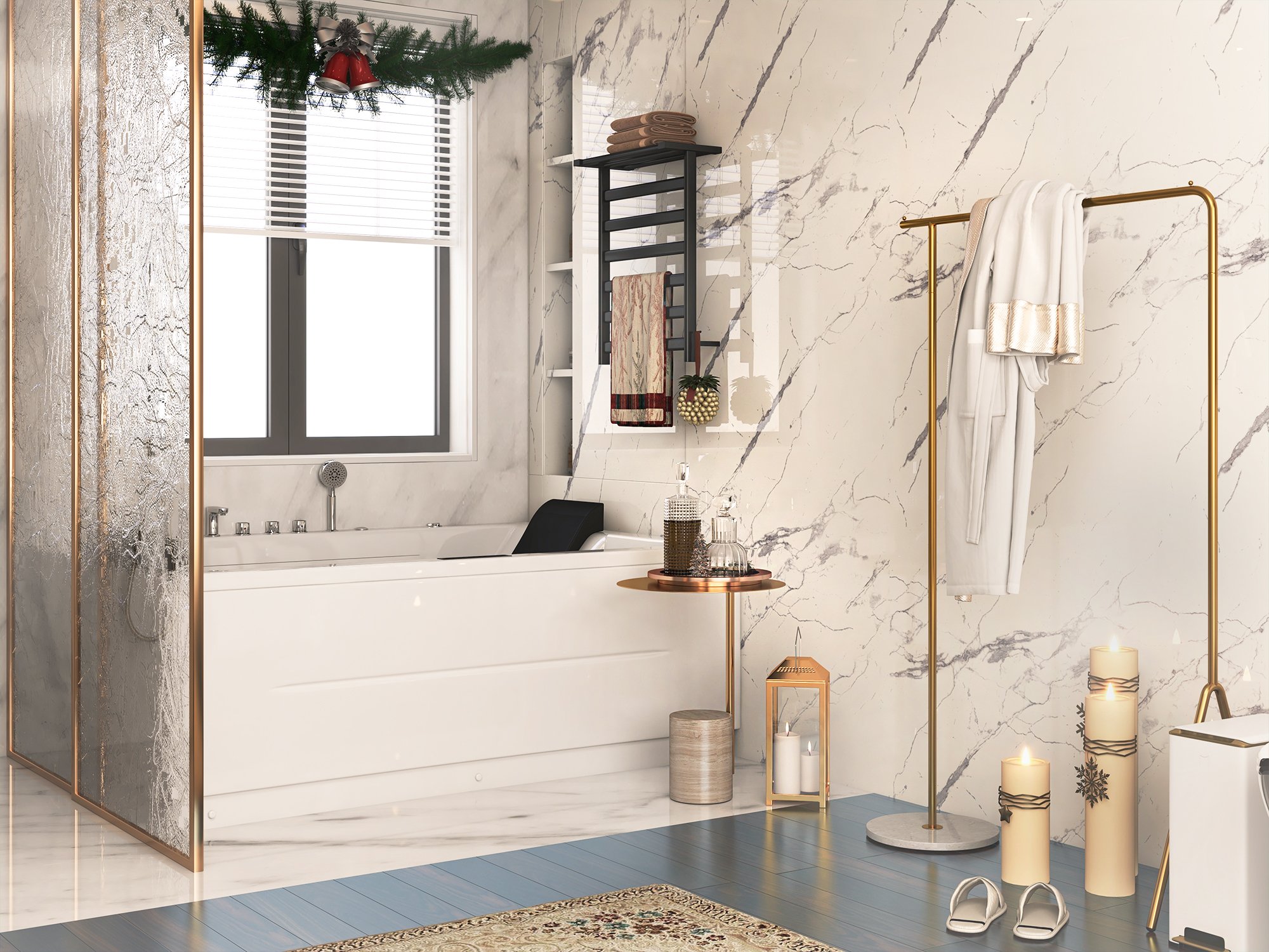 HMR - Modern Single Rod Garment Rack with Marble Base in Gold