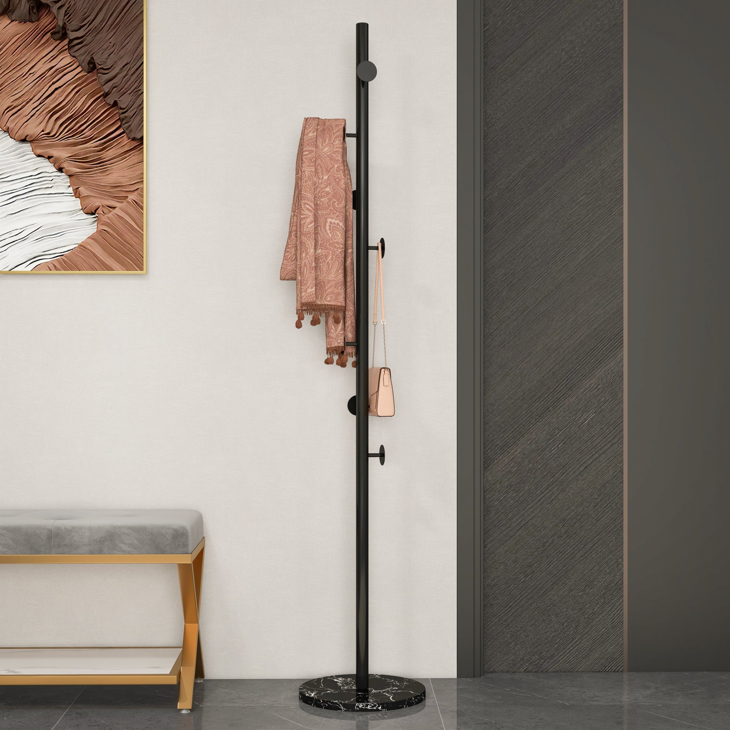 HMR Modern Coat Rack with Button Hooks - Black