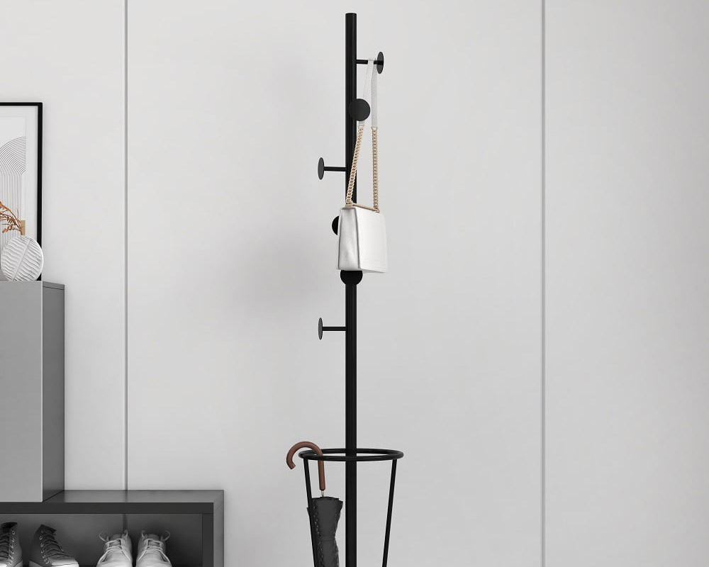 HMR 67'' Round Hooks Coat Rack with Umbrella Rack Base - Black