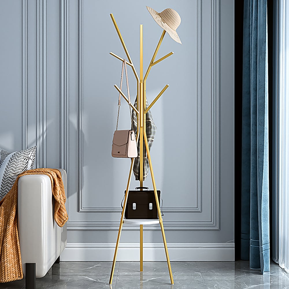 HMR - Modern Freestanding Coat Rack with Shelf Marble Base 70.9" in Gold