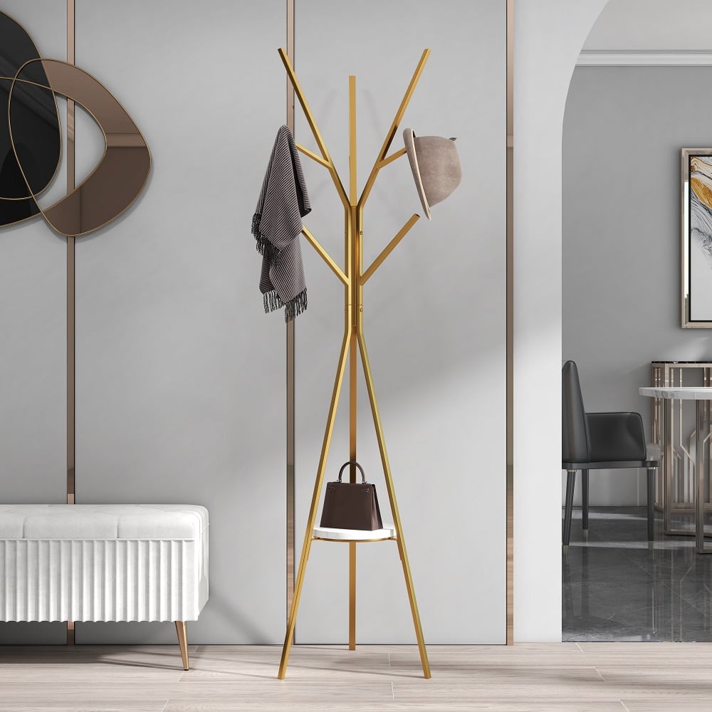 HMR - Modern Freestanding Coat Rack with Shelf Marble Base 70.9" in Gold