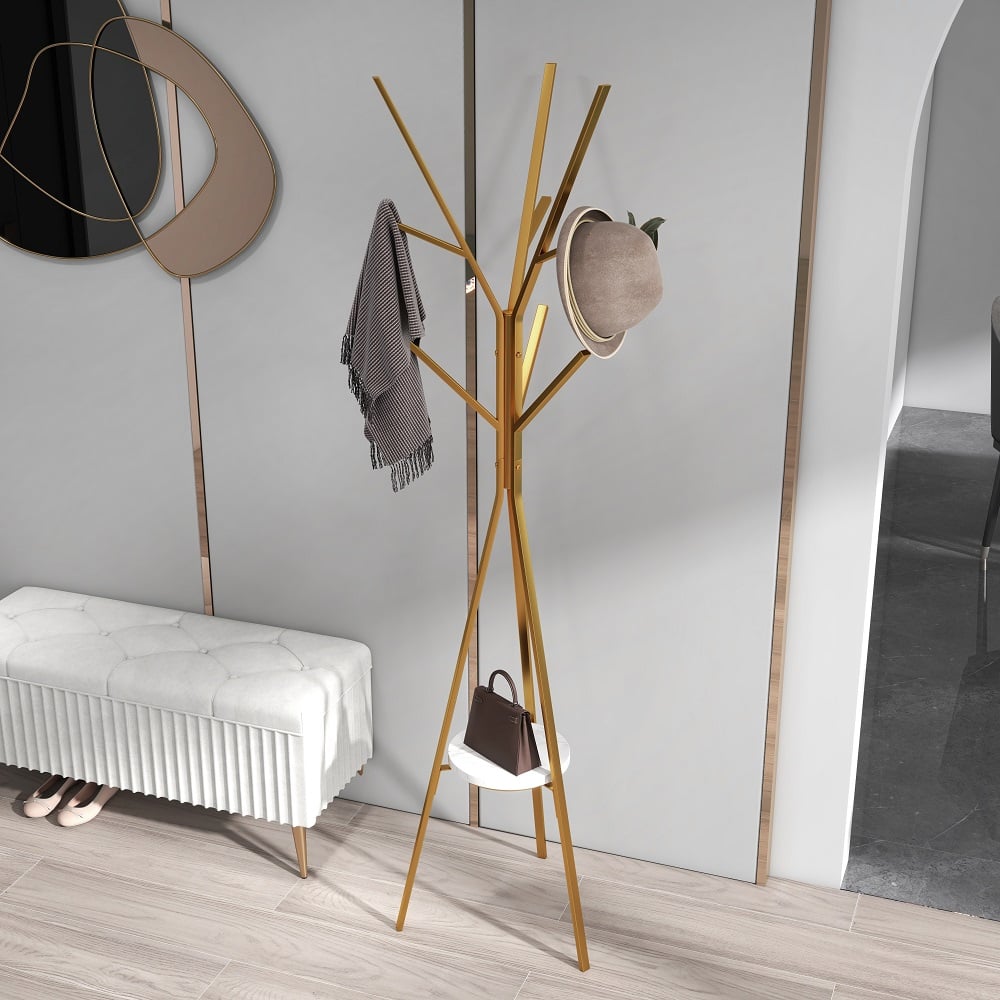 HMR - Modern Freestanding Coat Rack with Shelf Marble Base 70.9" in Gold