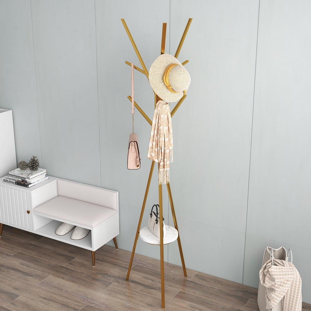 HMR - Modern Freestanding Coat Rack with Shelf Marble Base 70.9" in Gold