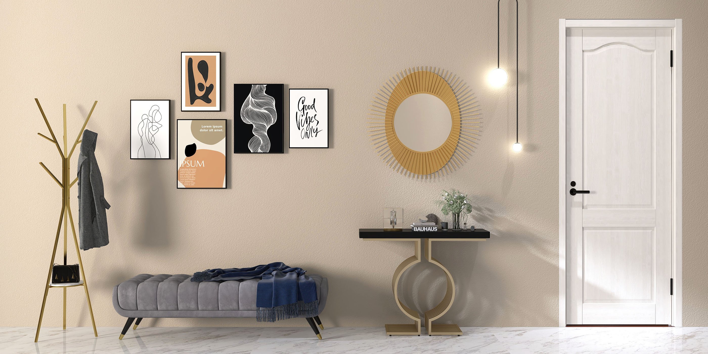 HMR - Modern Freestanding Coat Rack with Shelf Marble Base 70.9" in Gold
