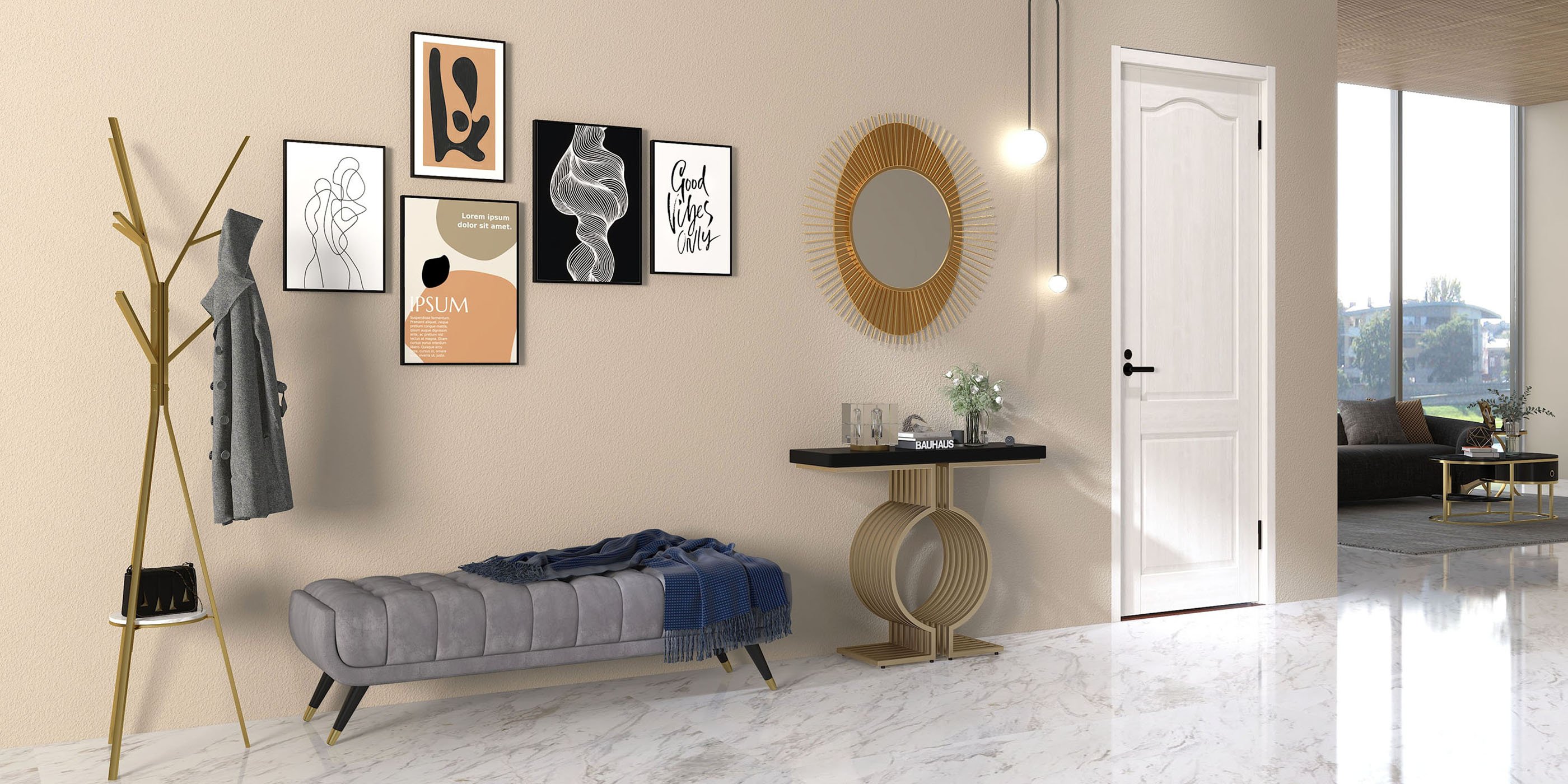 HMR - Modern Freestanding Coat Rack with Shelf Marble Base 70.9" in Gold