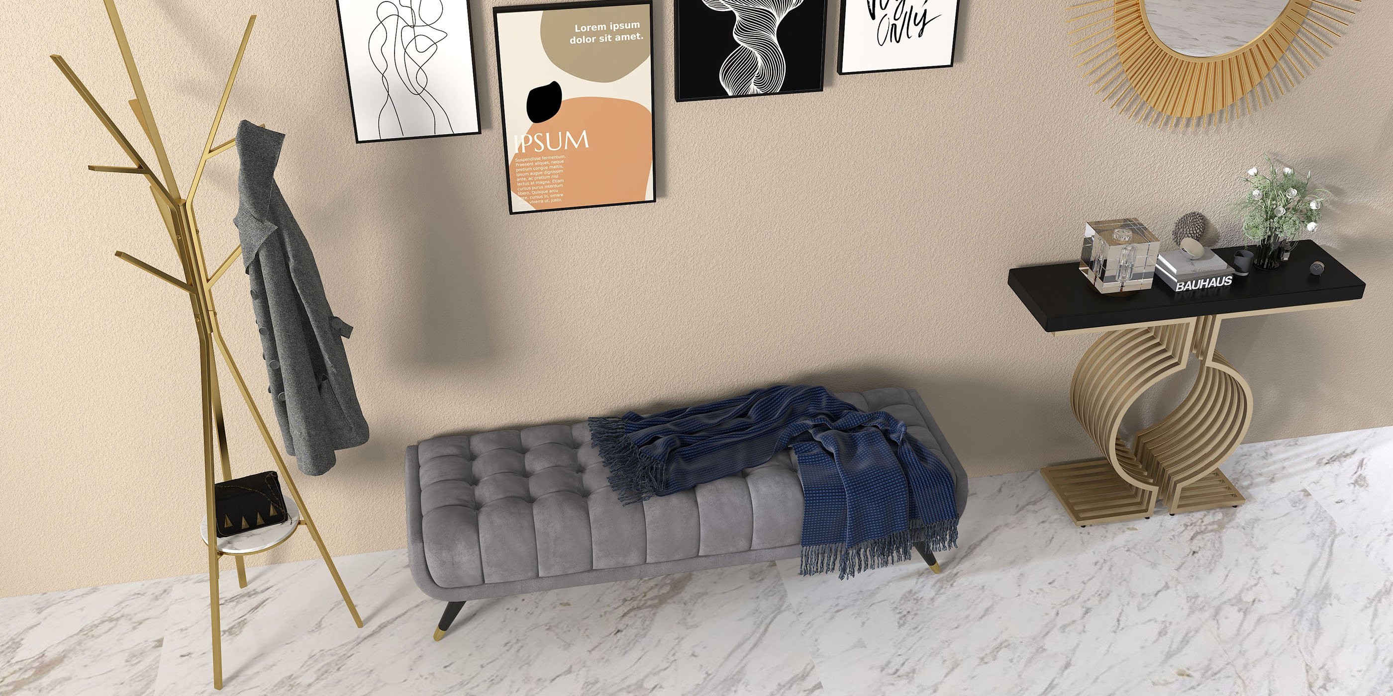 HMR - Modern Freestanding Coat Rack with Shelf Marble Base 70.9" in Gold