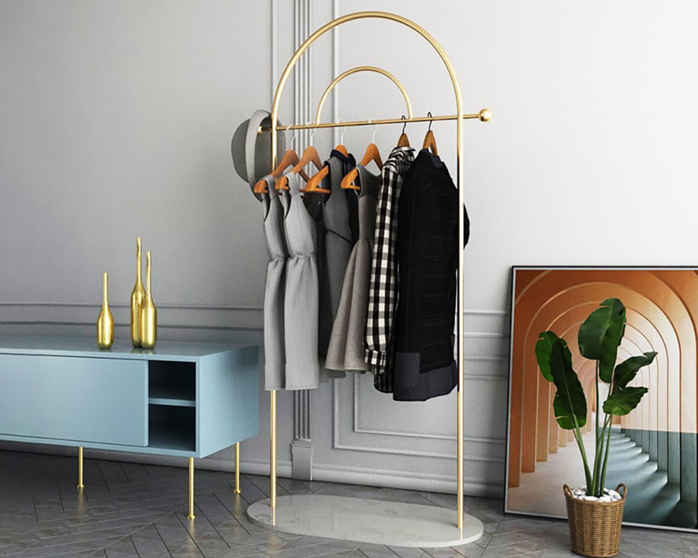 HMR Modern Freestanding Rail Cloth Rack with Marble Base - White/Gold, Large